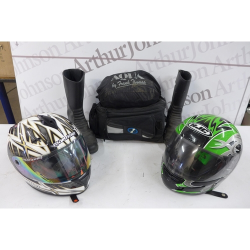 5330 - A quantity of motorcycle clothing including two crash helmets, a pair of boots, tank bag, Nitro leat... 