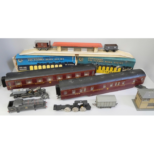 756 - A collection of model rail carriages, buildings, bridge, empty boxes, power pack, and several origin... 