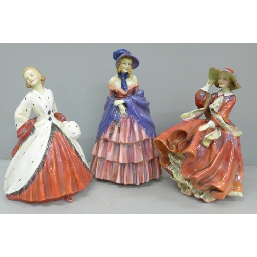 615 - Three Royal Doulton figures, A Victorian Lady, The Ermine coat and Top o' the Hill, all a/f