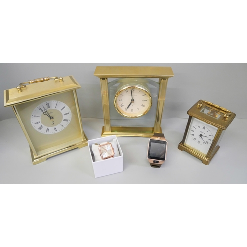 783 - A Bayard brass and four glass sided clock with French movement and two other clocks plus a Smart wat... 