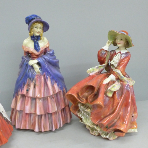 615 - Three Royal Doulton figures, A Victorian Lady, The Ermine coat and Top o' the Hill, all a/f