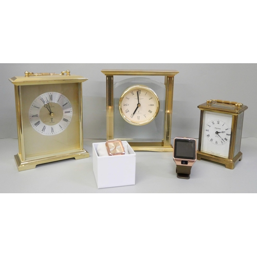 783 - A Bayard brass and four glass sided clock with French movement and two other clocks plus a Smart wat... 