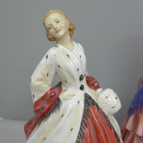 615 - Three Royal Doulton figures, A Victorian Lady, The Ermine coat and Top o' the Hill, all a/f