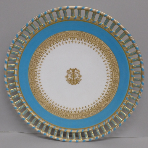 616 - A Royal Worcester porcelain cabinet plate, pierced edge, with monogram to the centre, circa 1880-90