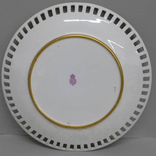 616 - A Royal Worcester porcelain cabinet plate, pierced edge, with monogram to the centre, circa 1880-90