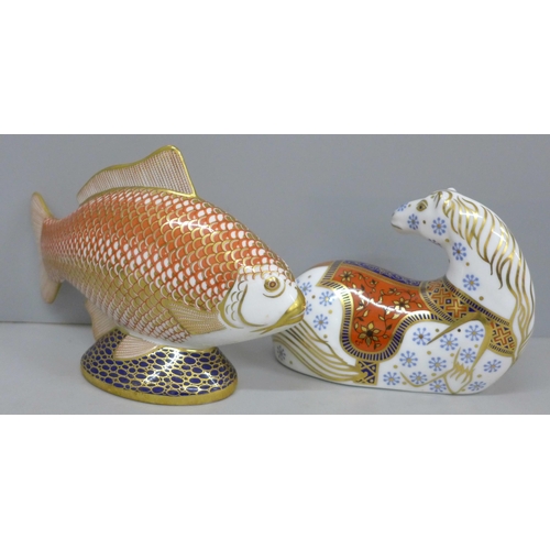 627 - Two Royal Crown Derby paperweights, Golden carp and laying horse with gold stopper