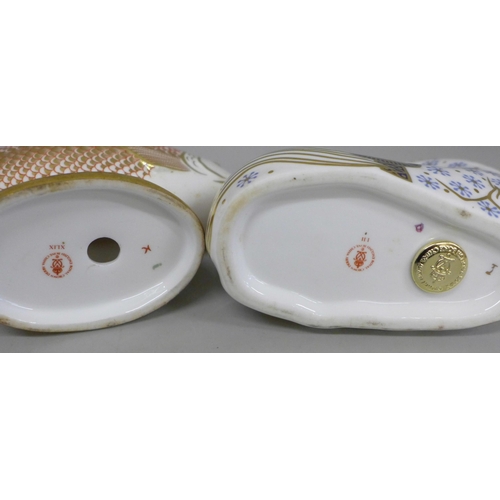 627 - Two Royal Crown Derby paperweights, Golden carp and laying horse with gold stopper