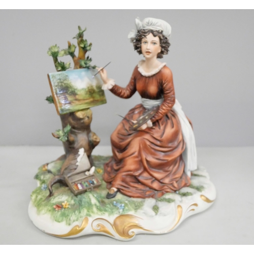 806 - A Capodimonte figure of a female artist at the easel, paint box a/f