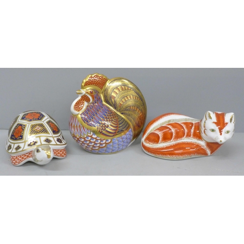 629 - Three Royal Crown Derby paperweights, cockerel, tortoise and red fox