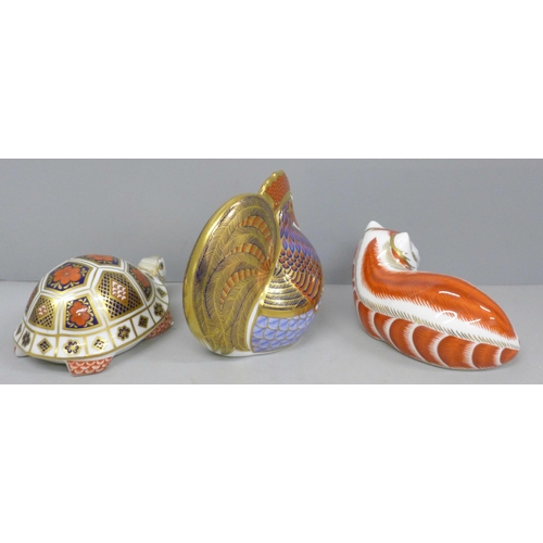 629 - Three Royal Crown Derby paperweights, cockerel, tortoise and red fox