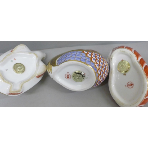 629 - Three Royal Crown Derby paperweights, cockerel, tortoise and red fox