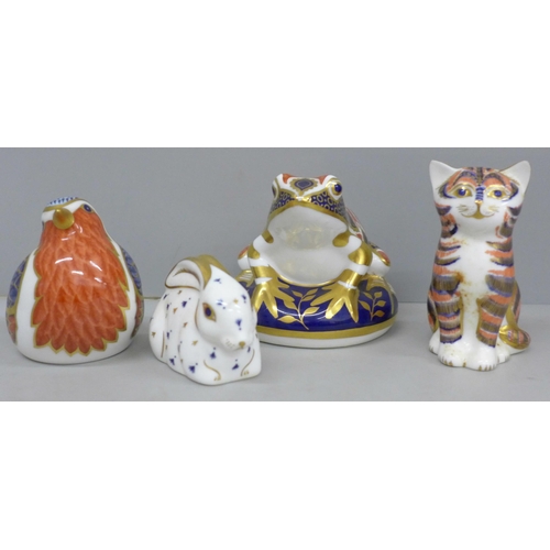 630 - Four Royal Crown Derby paperweights, frog, robin, cat and rabbit