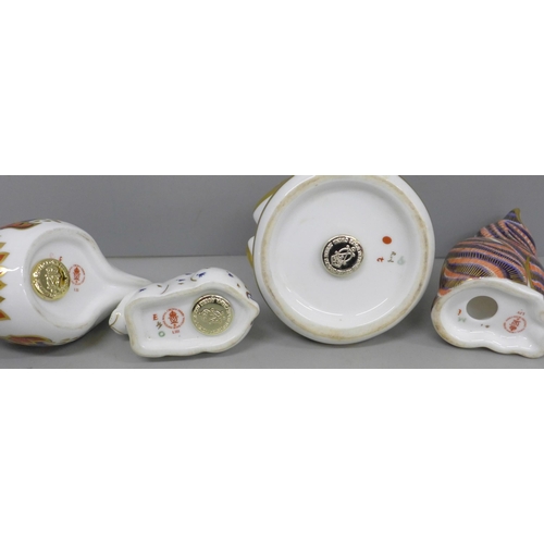 630 - Four Royal Crown Derby paperweights, frog, robin, cat and rabbit