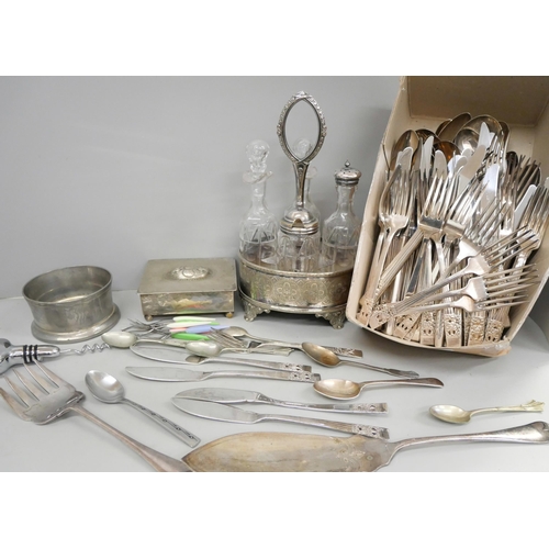 808 - A set of Community plate cutlery, other flatware, a four bottle silver plated cruet set and a plated... 