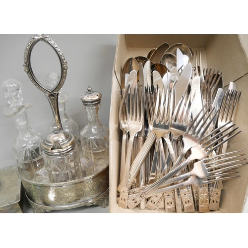 808 - A set of Community plate cutlery, other flatware, a four bottle silver plated cruet set and a plated... 