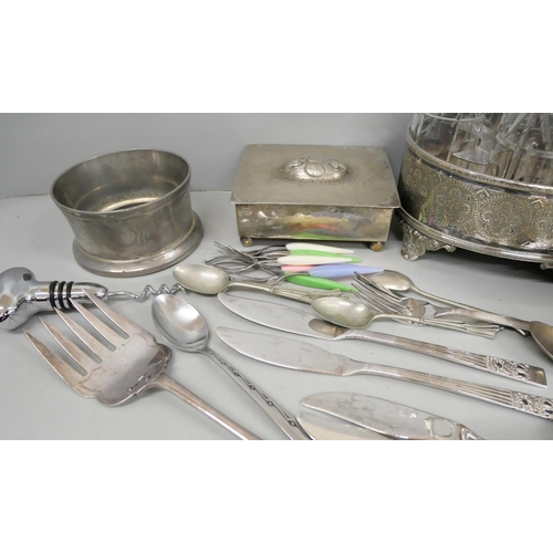 808 - A set of Community plate cutlery, other flatware, a four bottle silver plated cruet set and a plated... 