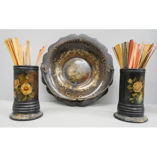 809 - A Victorian papier mâché basket and a pair of matching spill holders, the basket painted with a cent... 