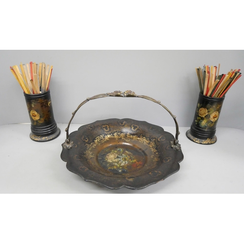 809 - A Victorian papier mâché basket and a pair of matching spill holders, the basket painted with a cent... 