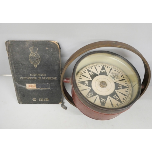 817 - A dry card ship's compass and a Continuous Certificate of Discharge booklet, for John Stuart, servic... 