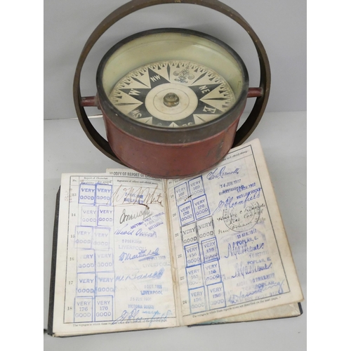 817 - A dry card ship's compass and a Continuous Certificate of Discharge booklet, for John Stuart, servic... 