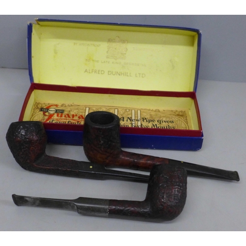 649 - Two Dunhill pipes, one other pipe and a Dunhill box