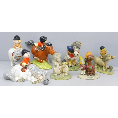 653 - Three Beswick Norman Thelwell ponies, one with chip to ear and four other figures