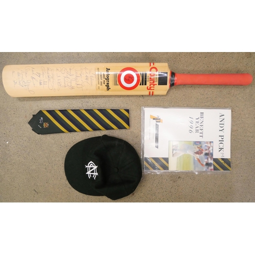 832 - Cricket; Andy Pick testimonial signed cricket bat, tie, programme, together with a county cap