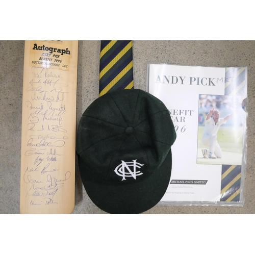 832 - Cricket; Andy Pick testimonial signed cricket bat, tie, programme, together with a county cap