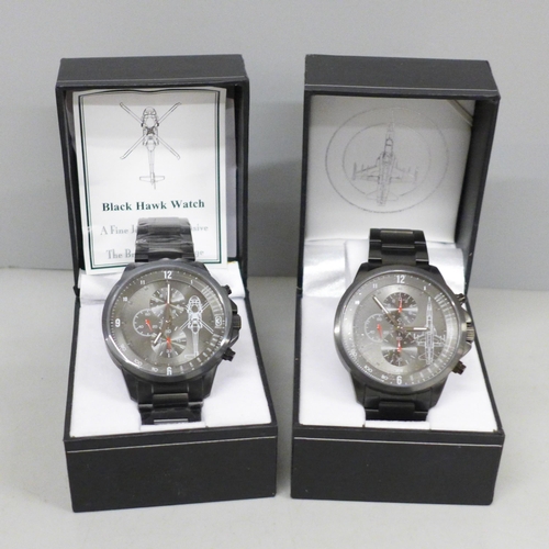 658 - Two boxed wristwatches, Bradford Exchange Black Hawk and Jet Fighter