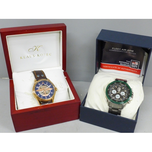 659 - Two boxed wristwatches, Royal Navy Fleet Air Arm and one other with bomber motif and skeleton dial