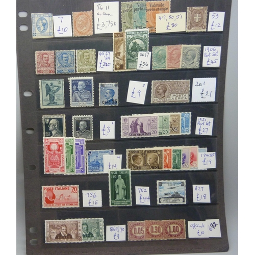 842 - Stamps; a stock sheet of mint Italy stamps including SGII with no gum and rounded corner, (catalogue... 