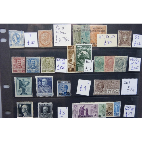 842 - Stamps; a stock sheet of mint Italy stamps including SGII with no gum and rounded corner, (catalogue... 