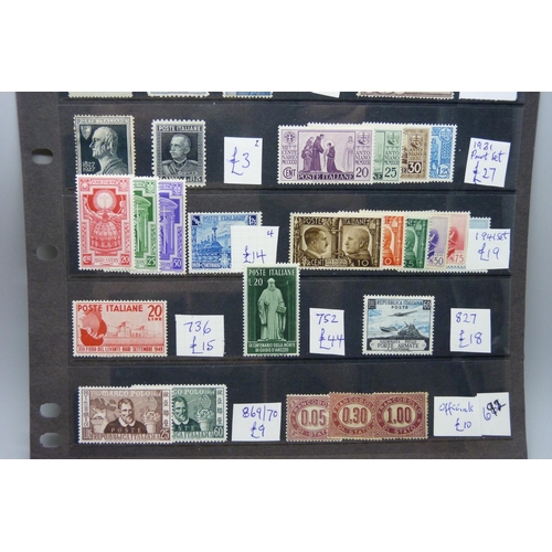 842 - Stamps; a stock sheet of mint Italy stamps including SGII with no gum and rounded corner, (catalogue... 