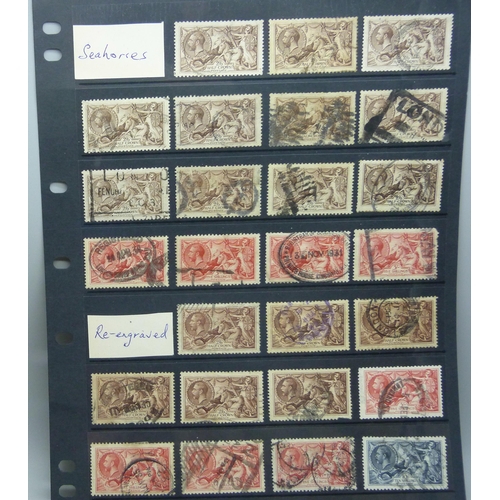 843 - Stamps; a stock sheet of Great Britain seahorses including original and re-engraved