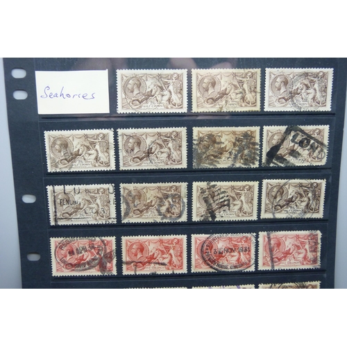 843 - Stamps; a stock sheet of Great Britain seahorses including original and re-engraved