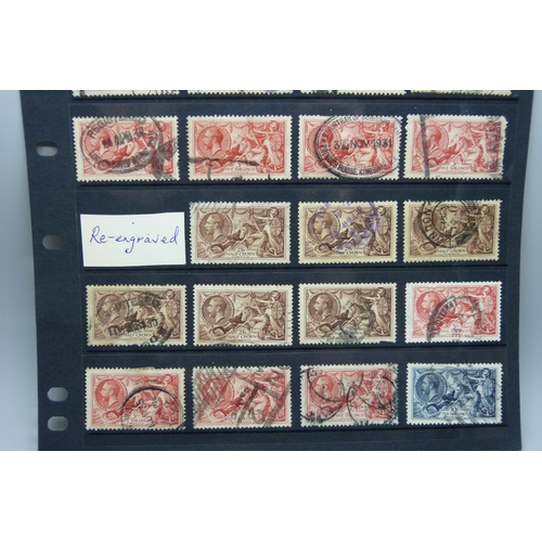 843 - Stamps; a stock sheet of Great Britain seahorses including original and re-engraved