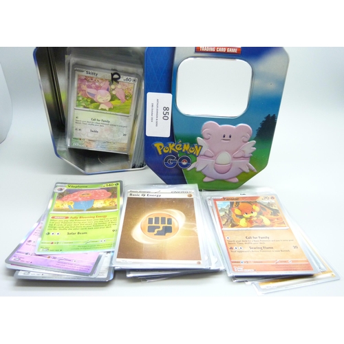 850 - A collection of 180+ Holographic Pokémon cards in protective sleeves in collectors tin with Black St... 