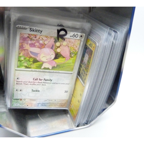 850 - A collection of 180+ Holographic Pokémon cards in protective sleeves in collectors tin with Black St... 