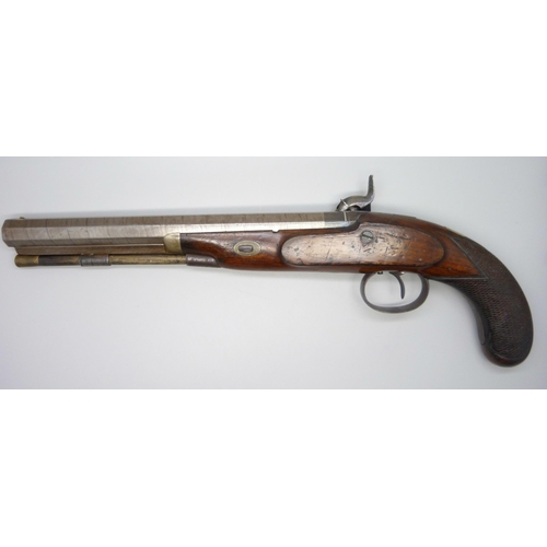 852 - An early 19th century dueling pistol, marked Jewesson Battie, 39.5cm