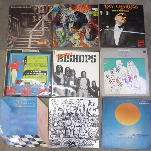 673 - A box of rock and pop LP records, including Cream, Traffic, Santana, Bob Dylan, Thompson Twins, Van ... 