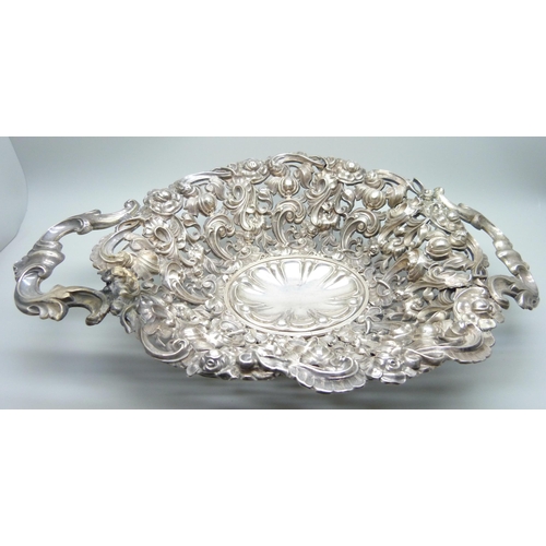 854 - A two handled pierced silver dish marked 916 DK, a/f, split, 278g, 33cm