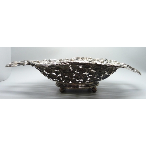 854 - A two handled pierced silver dish marked 916 DK, a/f, split, 278g, 33cm