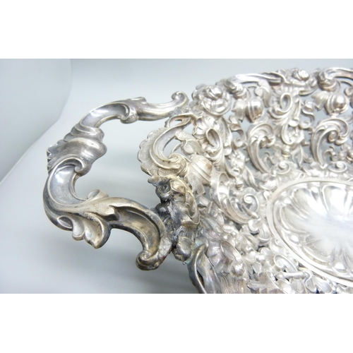 854 - A two handled pierced silver dish marked 916 DK, a/f, split, 278g, 33cm