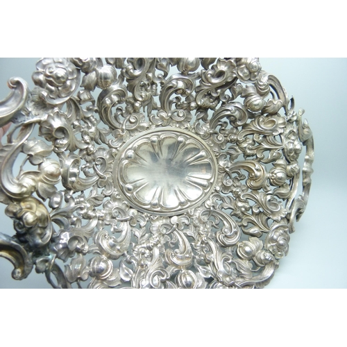 854 - A two handled pierced silver dish marked 916 DK, a/f, split, 278g, 33cm