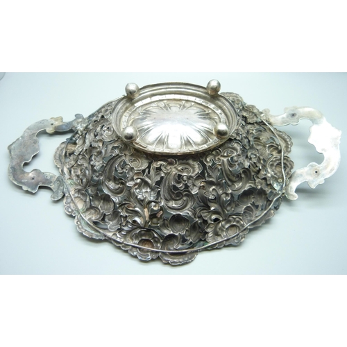 854 - A two handled pierced silver dish marked 916 DK, a/f, split, 278g, 33cm