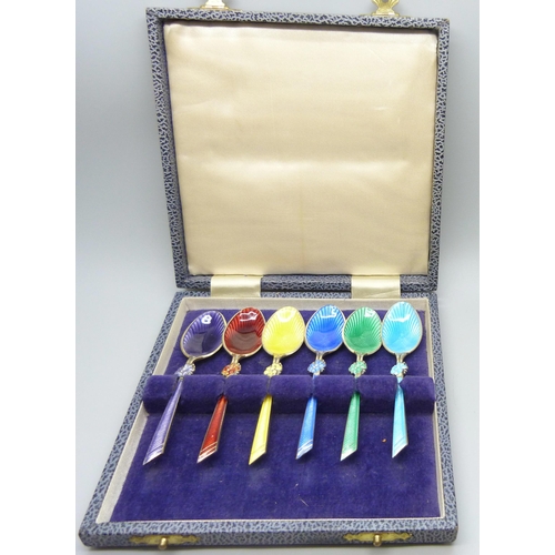 856 - A set of six silver and guilloche enamelled spoons, T&S, Birmingham 1972