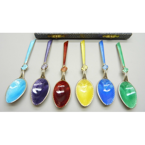 856 - A set of six silver and guilloche enamelled spoons, T&S, Birmingham 1972