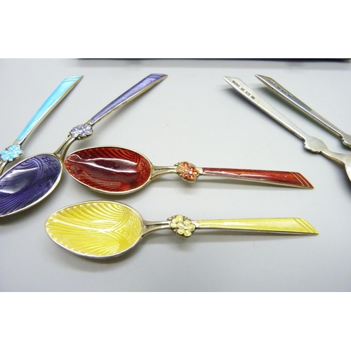 856 - A set of six silver and guilloche enamelled spoons, T&S, Birmingham 1972