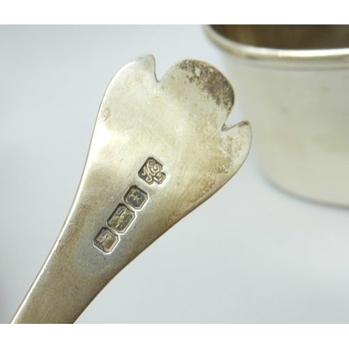 863 - A silver bowl, a silver flask cup and two silver spoons, 238g