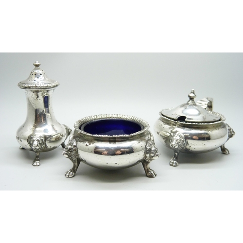 866 - A three piece silver cruet set, London 1947, 298g